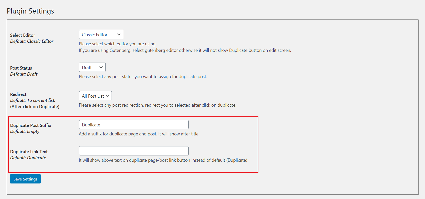 wordpress duplicate post plugin settings