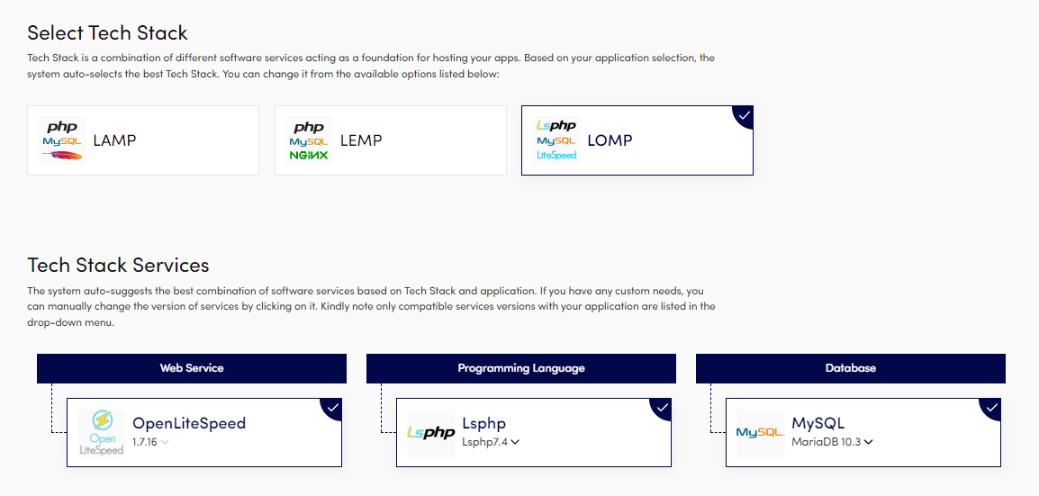 Devrims Dashboard - LOMP stack selection