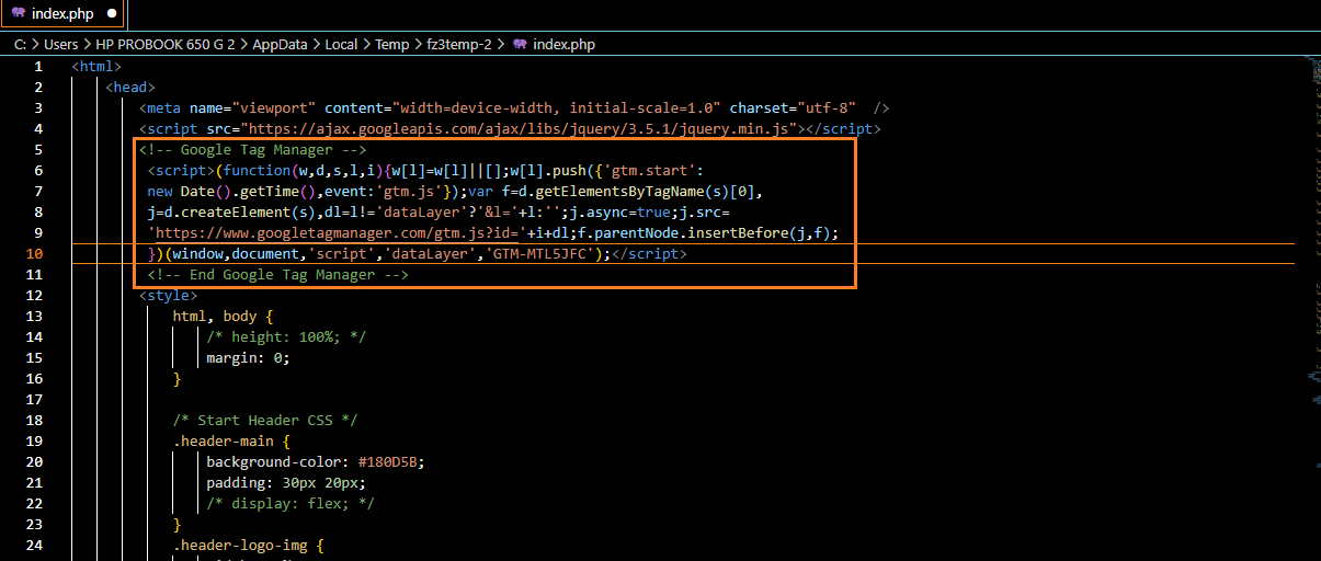 Google Tag Manager - Adding Script to PHP Site