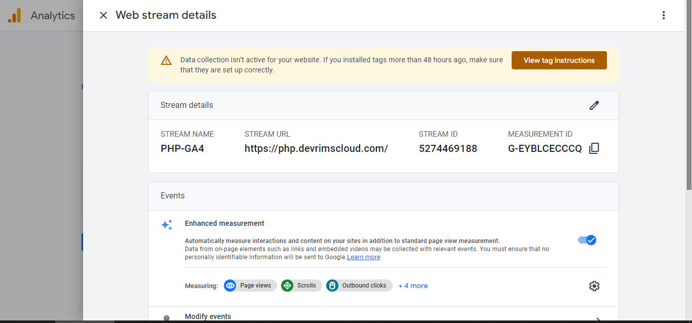 Setting Up Google Analytics 4 on PHP Site - Data Stream Details