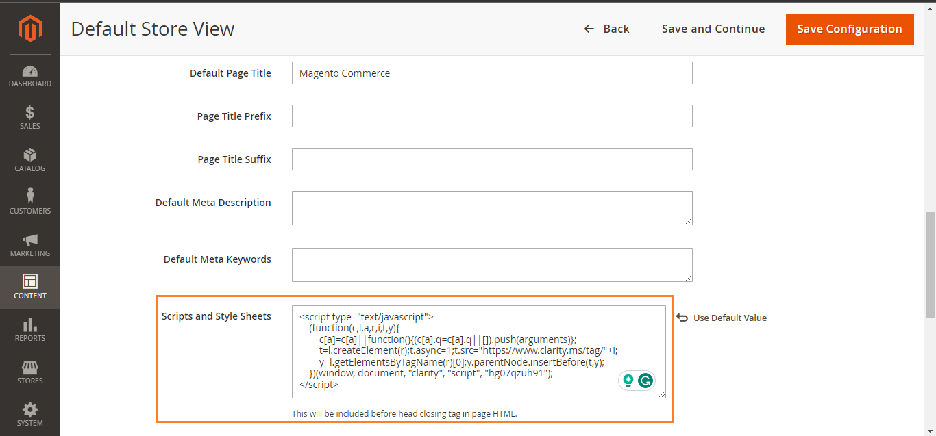 Microsoft Clarity Installation on Magento - Adding Script