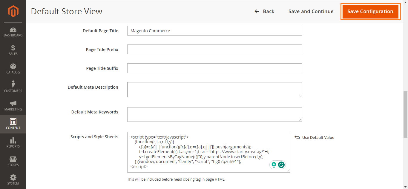 Microsoft Clarity Installation on Magento - Saving Configuration