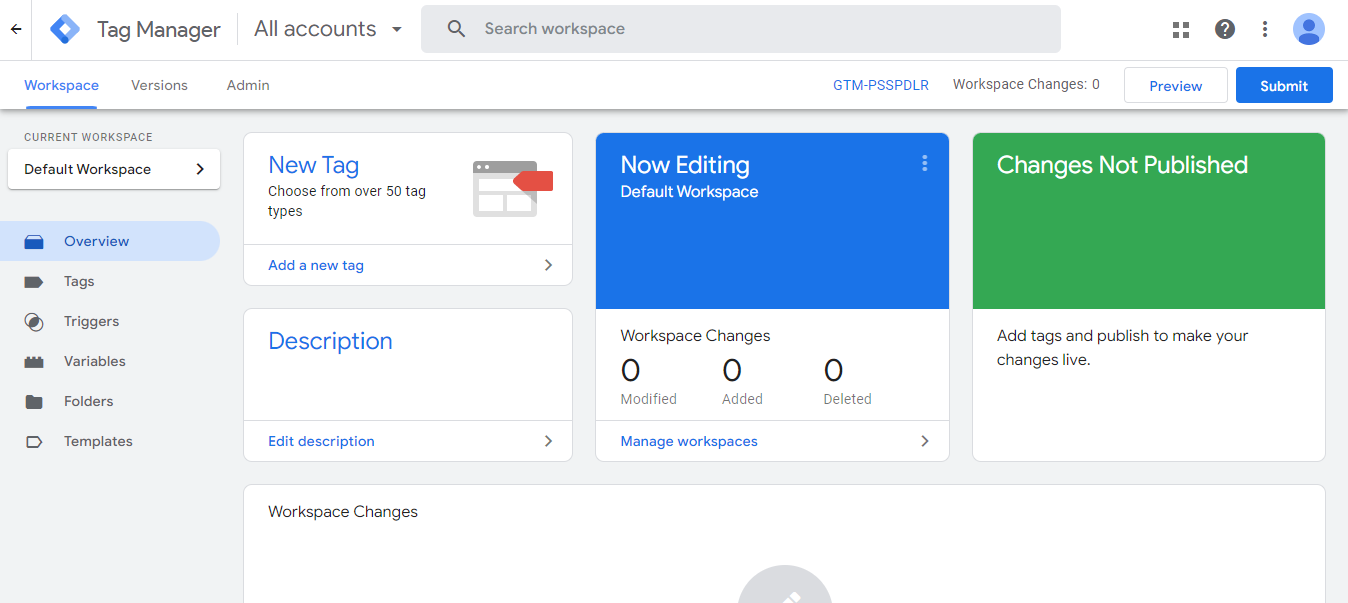 Google Tag Manager - Workspace Panel