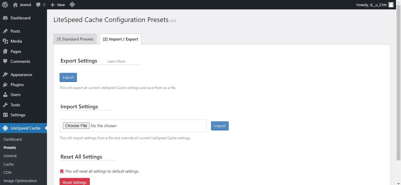 LSCache Configuration Presets Import/Export tab