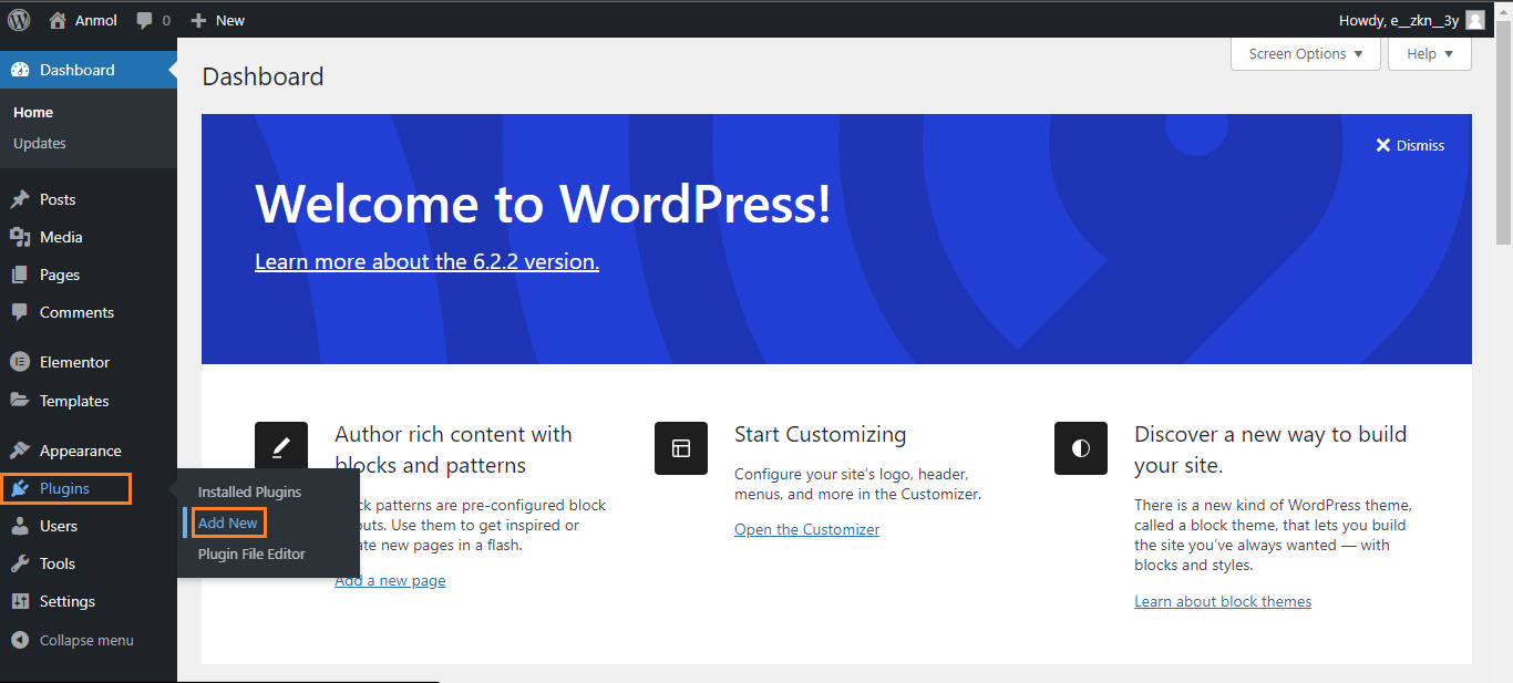 WordPress dashboard