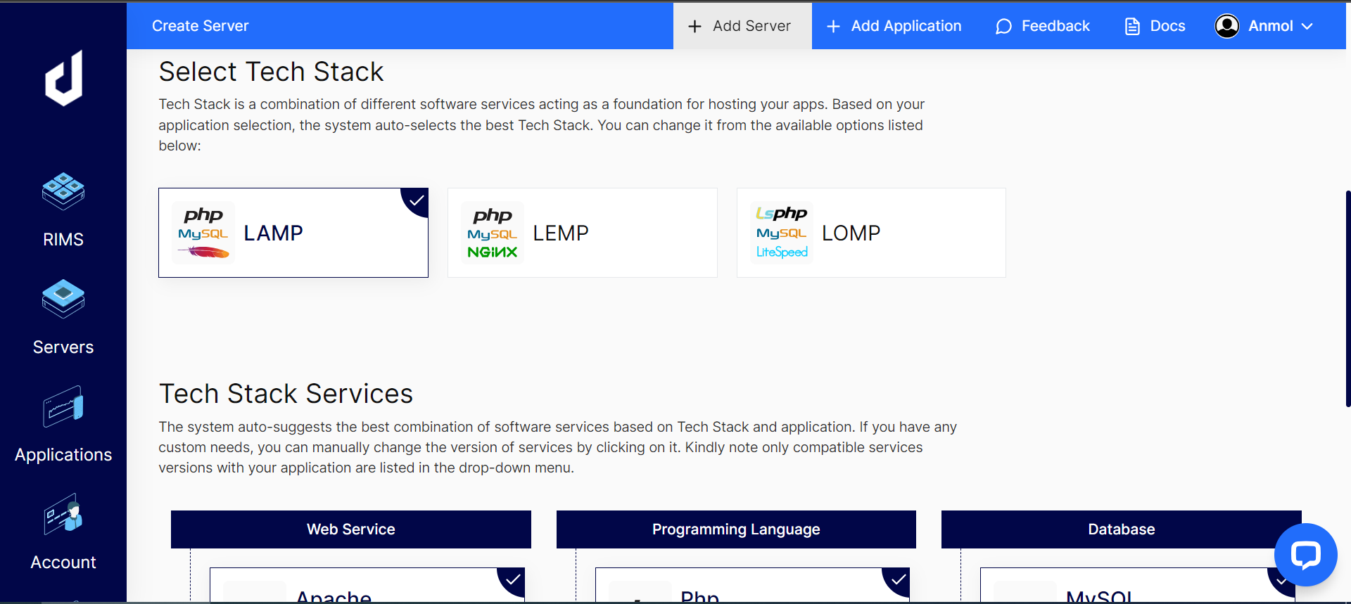 Screenshot of Choosing Tech Stack While Installing ClassicPress on Cloud 