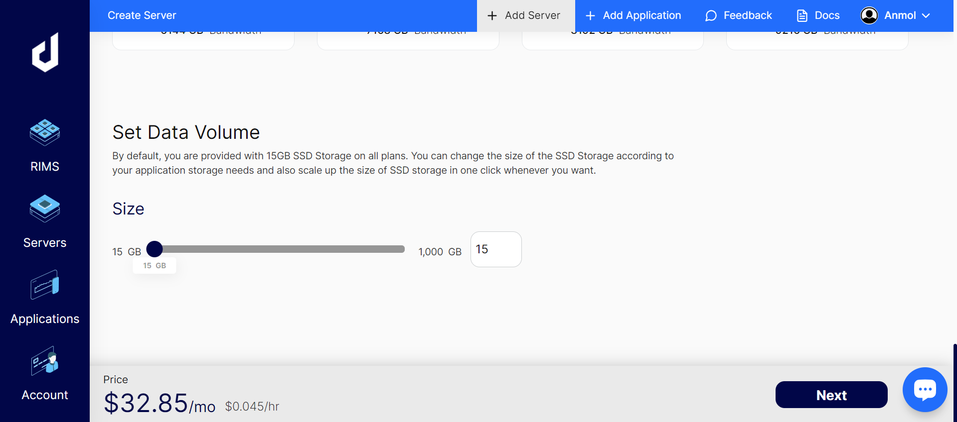 Screenshot of choosing Data Volume to Install ClassicPress on Cloud