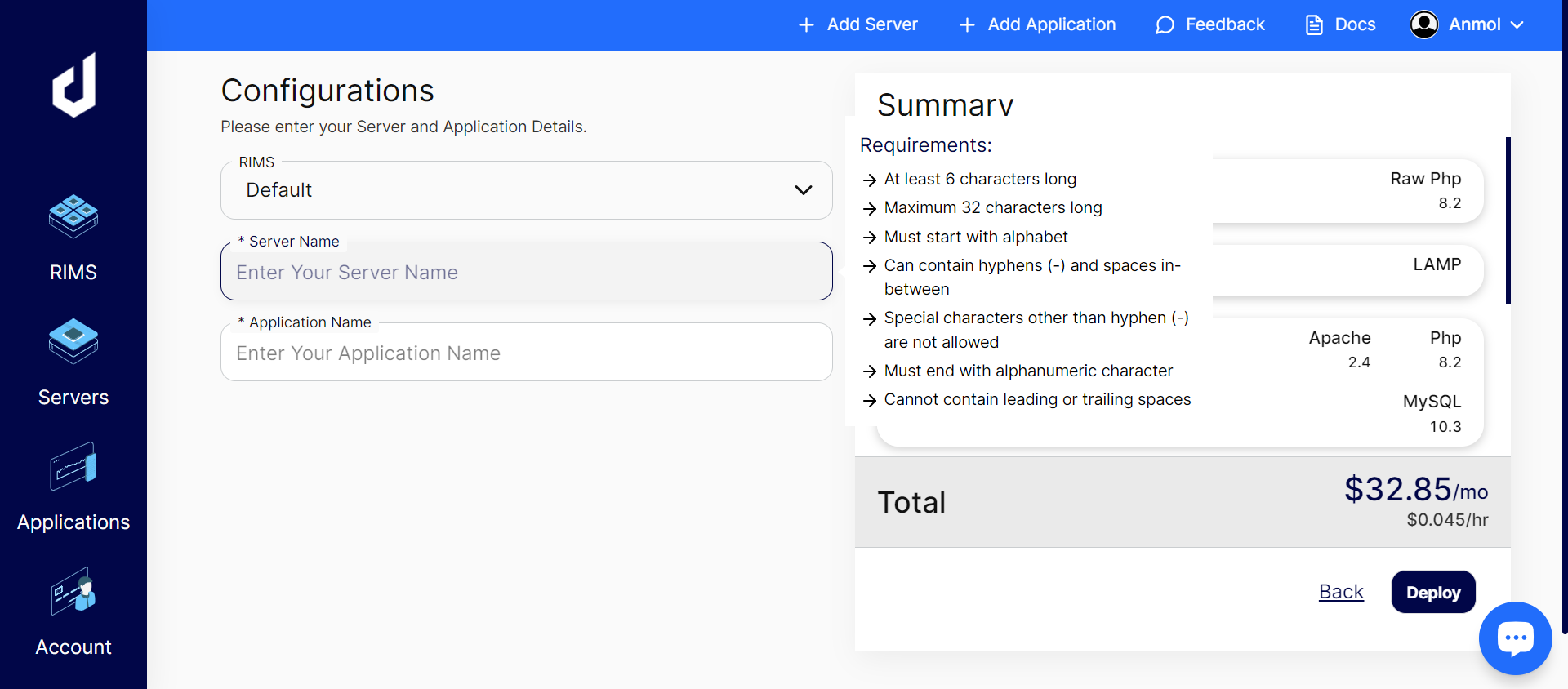 Screenshot of Checking Server Details before Installing ClassicPress on Cloud