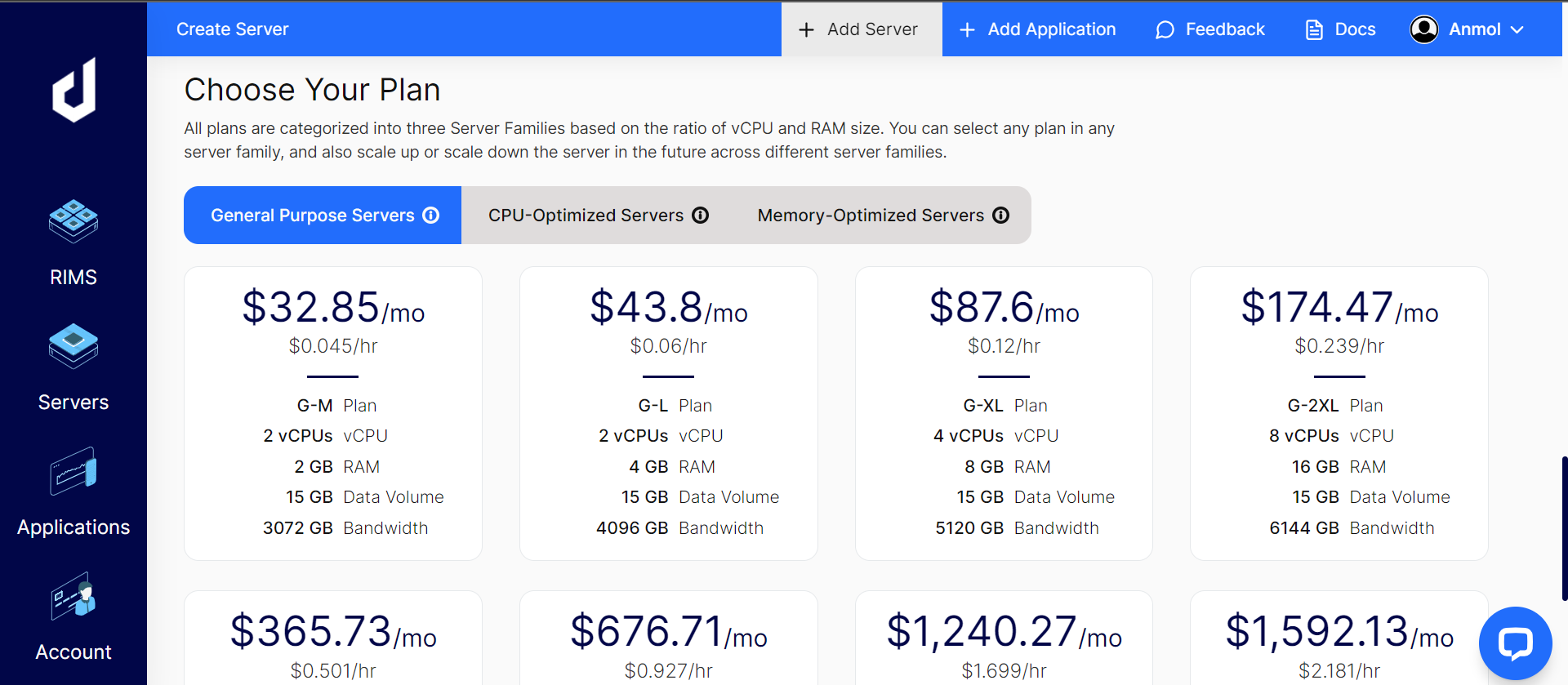 Screenshot of choosing Server Plan before installing ClassicPress on Cloud